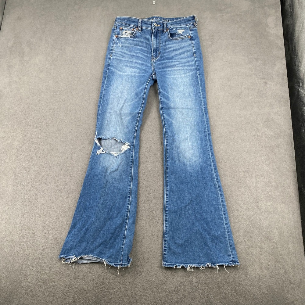 American Eagle High Waisted Flare Jeans Distressed Raw Hem Blue Size 2 Regular